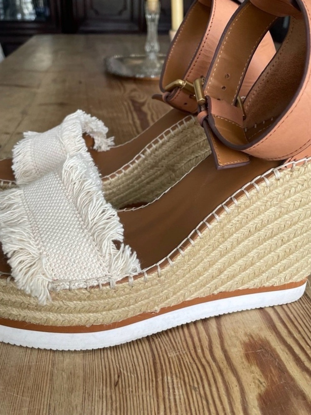 See By Chloe Tan Leather and Cream Espadrille Wedge Sandals